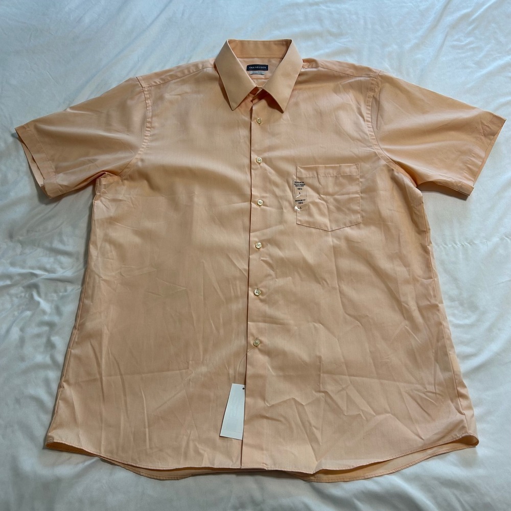 Van Heusen Mens Regular Fit Wrinkle Free Short Sleeve Shirt Peach Scallop 16.5 L